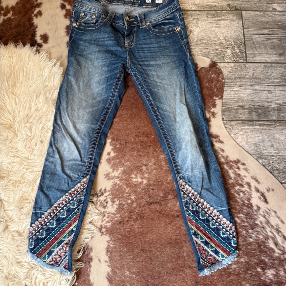 Miss Me Blue Flare Jeans with Colorful Embroidery